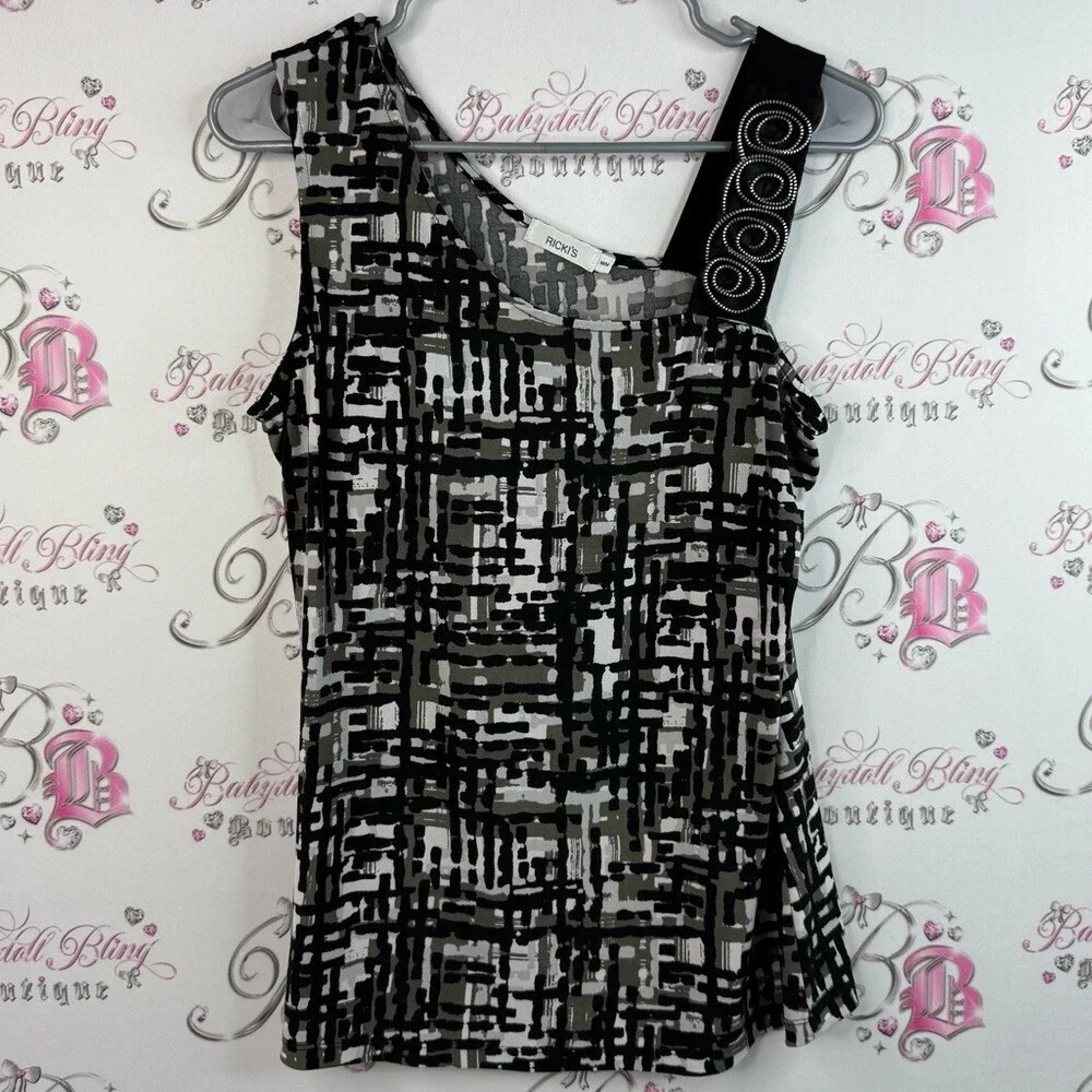 Ricki's tank top, abstract, zipper, rose detail, Black and Gray Patterned Top